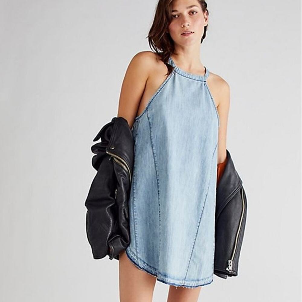 New Free People Isabella Denim Tunic $128  SMALL Blue Halter Style Mini Dress
